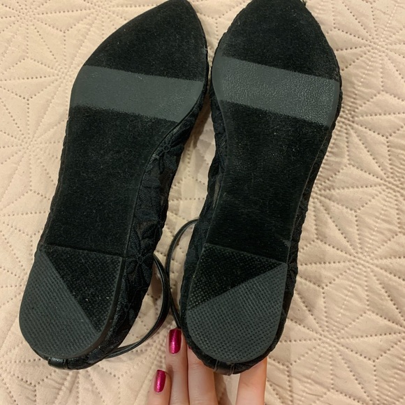 NWOT Sheer Black Embroidered Ankle Strap Flats - Picture 3 of 4